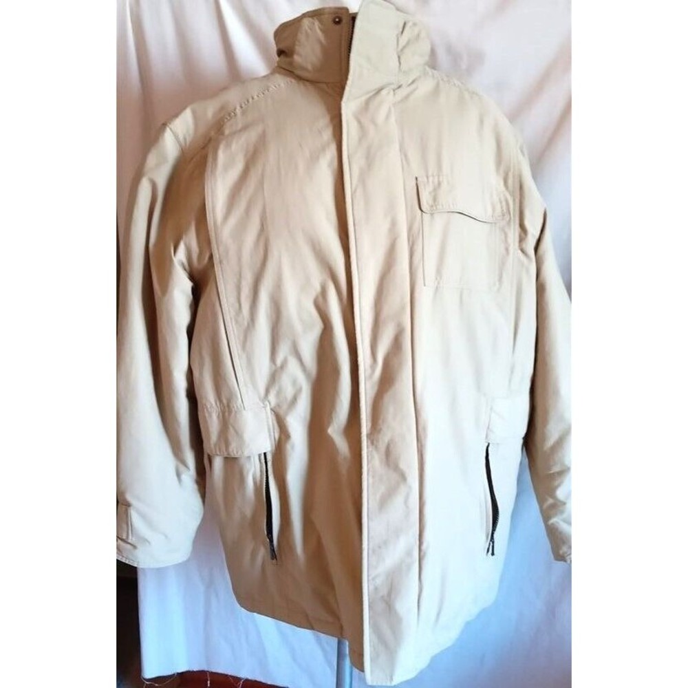 Mens Dockers Parka XL Khaki Long Winter Zip Out Lining & Hood Lots of Pockets